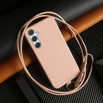 For Samsung Galaxy A55 5G Case with Lanyard Genuine Cow Leather PC Phone Back Cover