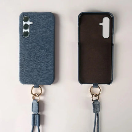 For Samsung Galaxy A55 5G Case with Lanyard Genuine Cow Leather PC Phone Back Cover