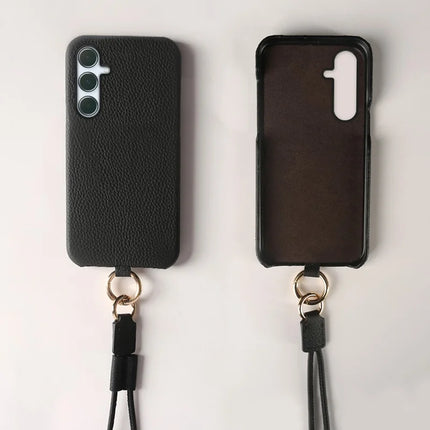 For Samsung Galaxy A55 5G Case with Lanyard Genuine Cow Leather PC Phone Back Cover