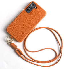 For Samsung Galaxy S21 4G / 5G Case with Lanyard Genuine Cow Leather PC Phone Back Cover - Orange