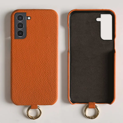 For Samsung Galaxy S21 4G / 5G Case with Lanyard Genuine Cow Leather PC Phone Back Cover
