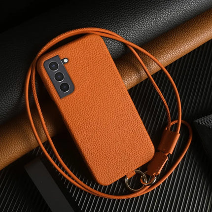 For Samsung Galaxy S21 4G / 5G Case with Lanyard Genuine Cow Leather PC Phone Back Cover