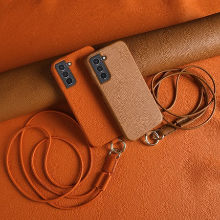 For Samsung Galaxy S21 4G / 5G Case with Lanyard Genuine Cow Leather PC Phone Back Cover