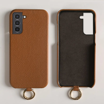 For Samsung Galaxy S21 4G / 5G Case with Lanyard Genuine Cow Leather PC Phone Back Cover