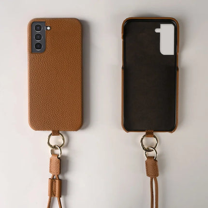 For Samsung Galaxy S21 4G / 5G Case with Lanyard Genuine Cow Leather PC Phone Back Cover