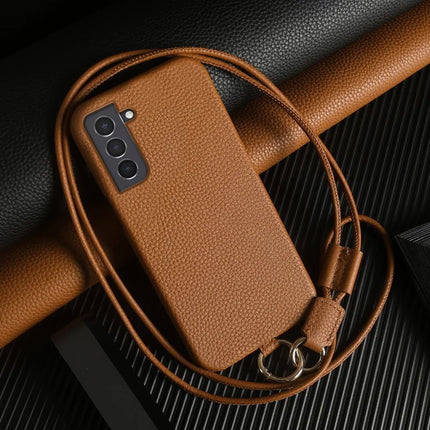 For Samsung Galaxy S21 4G / 5G Case with Lanyard Genuine Cow Leather PC Phone Back Cover