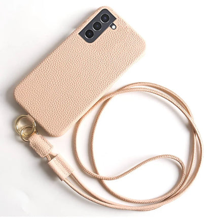 For Samsung Galaxy S21 4G / 5G Case with Lanyard Genuine Cow Leather PC Phone Back Cover - Pink