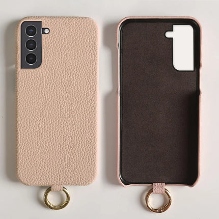 For Samsung Galaxy S21 4G / 5G Case with Lanyard Genuine Cow Leather PC Phone Back Cover