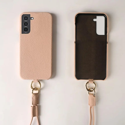 For Samsung Galaxy S21 4G / 5G Case with Lanyard Genuine Cow Leather PC Phone Back Cover