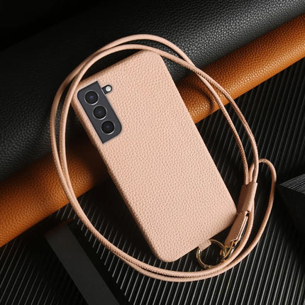 For Samsung Galaxy S21 4G / 5G Case with Lanyard Genuine Cow Leather PC Phone Back Cover