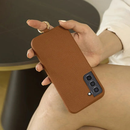 For Samsung Galaxy S21 4G / 5G Case with Lanyard Genuine Cow Leather PC Phone Back Cover
