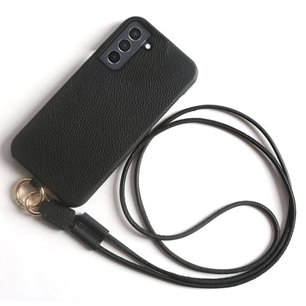 For Samsung Galaxy S21 4G / 5G Case with Lanyard Genuine Cow Leather PC Phone Back Cover - Black