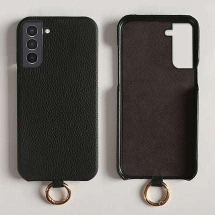 For Samsung Galaxy S21 4G / 5G Case with Lanyard Genuine Cow Leather PC Phone Back Cover