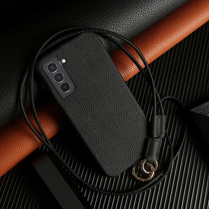 For Samsung Galaxy S21 4G / 5G Case with Lanyard Genuine Cow Leather PC Phone Back Cover