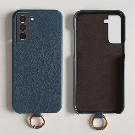For Samsung Galaxy S21 4G / 5G Case with Lanyard Genuine Cow Leather PC Phone Back Cover