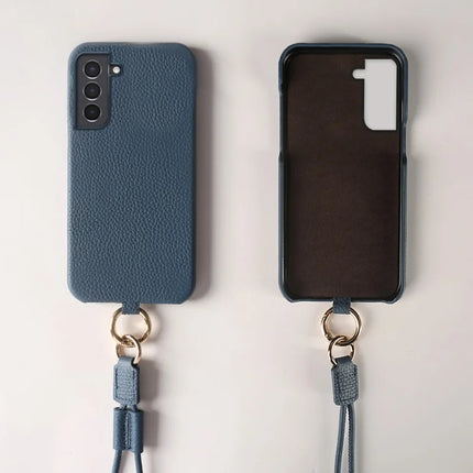 For Samsung Galaxy S21 4G / 5G Case with Lanyard Genuine Cow Leather PC Phone Back Cover