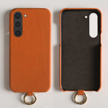 For Samsung Galaxy S23 Case with Lanyard Genuine Cow Leather PC Phone Back Cover