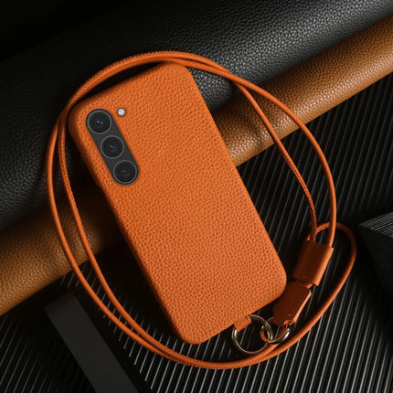 For Samsung Galaxy S23 Case with Lanyard Genuine Cow Leather PC Phone Back Cover