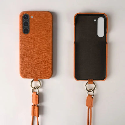 For Samsung Galaxy S23 Case with Lanyard Genuine Cow Leather PC Phone Back Cover