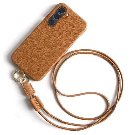 For Samsung Galaxy S23 Case with Lanyard Genuine Cow Leather PC Phone Back Cover - Brown