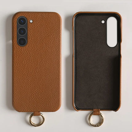 For Samsung Galaxy S23 Case with Lanyard Genuine Cow Leather PC Phone Back Cover