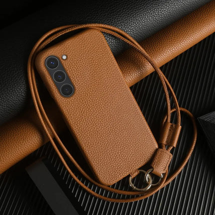 For Samsung Galaxy S23 Case with Lanyard Genuine Cow Leather PC Phone Back Cover