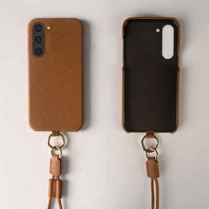 For Samsung Galaxy S23 Case with Lanyard Genuine Cow Leather PC Phone Back Cover