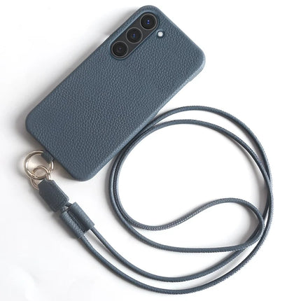 For Samsung Galaxy S23 Case with Lanyard Genuine Cow Leather PC Phone Back Cover - Blue