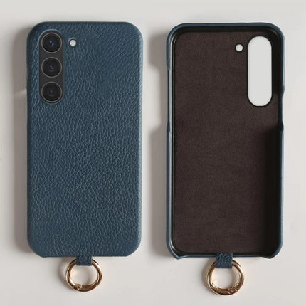 For Samsung Galaxy S23 Case with Lanyard Genuine Cow Leather PC Phone Back Cover