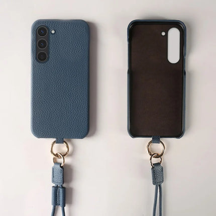 For Samsung Galaxy S23 Case with Lanyard Genuine Cow Leather PC Phone Back Cover