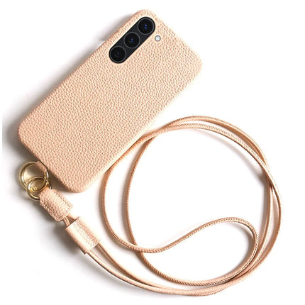 For Samsung Galaxy S23 Case with Lanyard Genuine Cow Leather PC Phone Back Cover - Pink