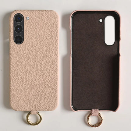 For Samsung Galaxy S23 Case with Lanyard Genuine Cow Leather PC Phone Back Cover