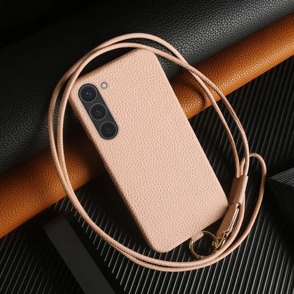 For Samsung Galaxy S23 Case with Lanyard Genuine Cow Leather PC Phone Back Cover