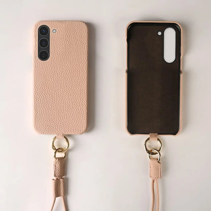 For Samsung Galaxy S23 Case with Lanyard Genuine Cow Leather PC Phone Back Cover