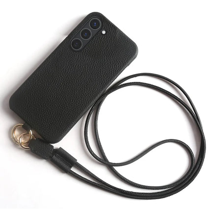 For Samsung Galaxy S23 Case with Lanyard Genuine Cow Leather PC Phone Back Cover - Black
