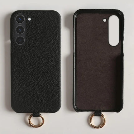 For Samsung Galaxy S23 Case with Lanyard Genuine Cow Leather PC Phone Back Cover