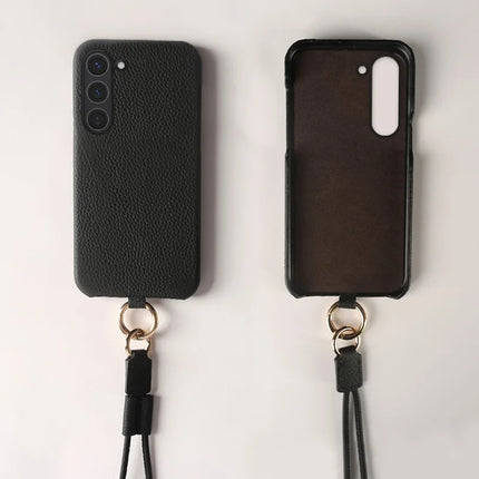 For Samsung Galaxy S23 Case with Lanyard Genuine Cow Leather PC Phone Back Cover