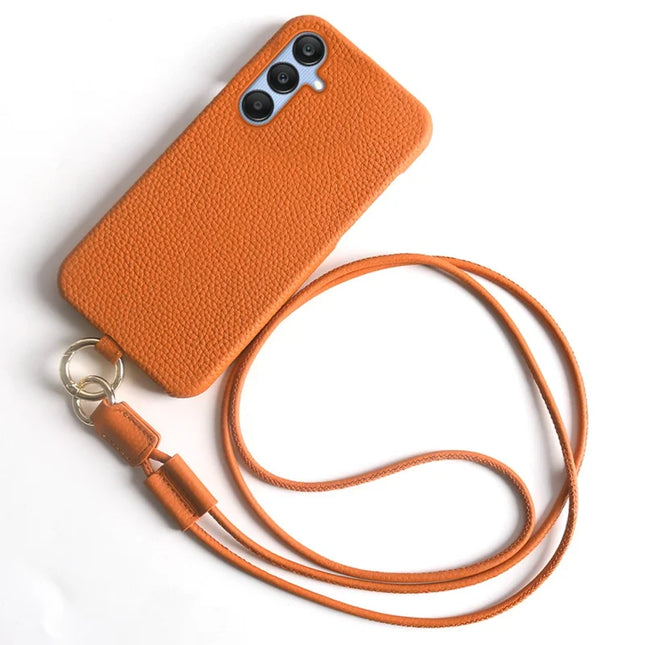 For Samsung Galaxy S23 FE Case with Lanyard Genuine Cow Leather PC Phone Back Cover - Orange