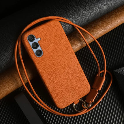 For Samsung Galaxy S23 FE Case with Lanyard Genuine Cow Leather PC Phone Back Cover