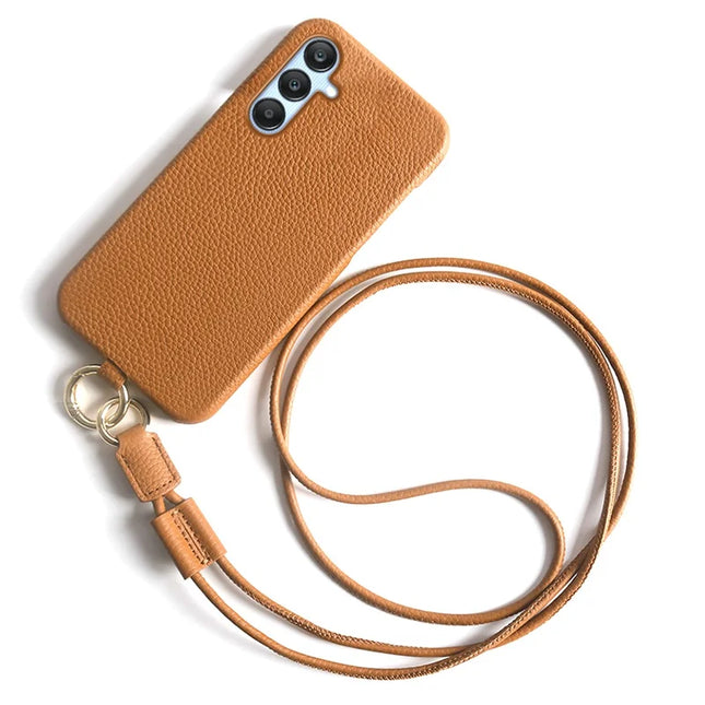 For Samsung Galaxy S23 FE Case with Lanyard Genuine Cow Leather PC Phone Back Cover - Brown