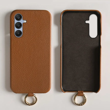 For Samsung Galaxy S23 FE Case with Lanyard Genuine Cow Leather PC Phone Back Cover