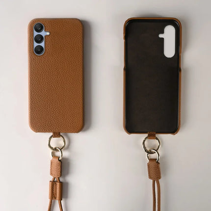 For Samsung Galaxy S23 FE Case with Lanyard Genuine Cow Leather PC Phone Back Cover