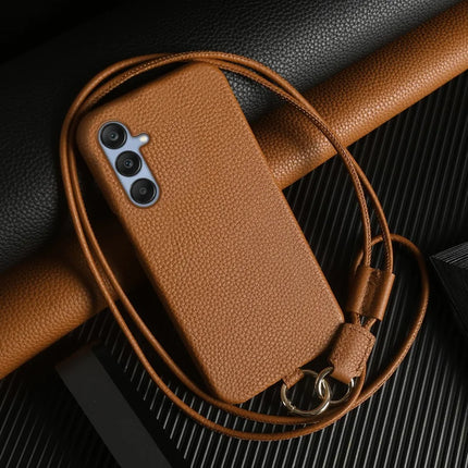 For Samsung Galaxy S23 FE Case with Lanyard Genuine Cow Leather PC Phone Back Cover