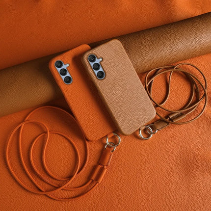 For Samsung Galaxy S23 FE Case with Lanyard Genuine Cow Leather PC Phone Back Cover