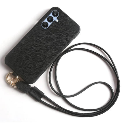 For Samsung Galaxy S23 FE Case with Lanyard Genuine Cow Leather PC Phone Back Cover - Black