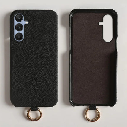 For Samsung Galaxy S23 FE Case with Lanyard Genuine Cow Leather PC Phone Back Cover