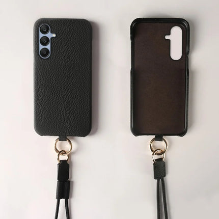 For Samsung Galaxy S23 FE Case with Lanyard Genuine Cow Leather PC Phone Back Cover