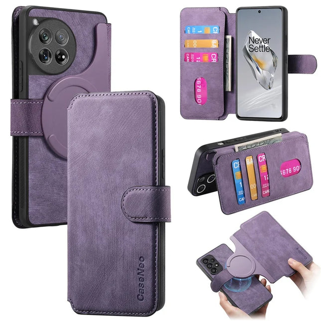 For OnePlus 12 5G Case CASENEO Detachable Magnetic RFID Block Leather Phone Wallet Cover - Purple 