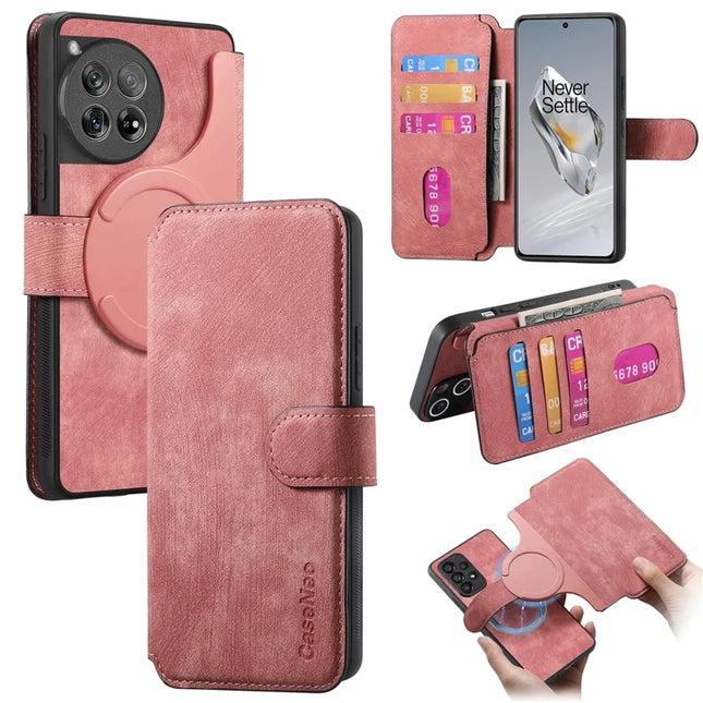 For OnePlus 12 5G Case CASENEO Detachable Magnetic RFID Block Leather Phone Wallet Cover - Pink