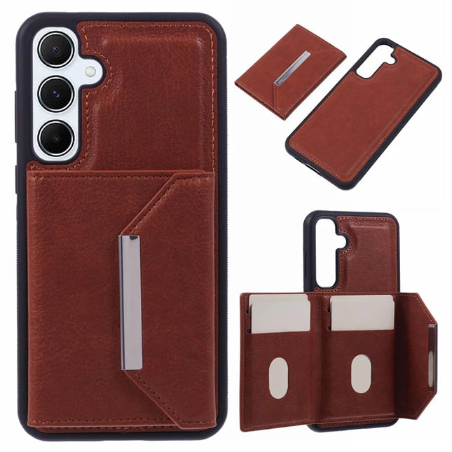 For Samsung Galaxy A16 5G / A16 4G Case Card Bag Kickstand TPU + PU Phone Cover - Brown